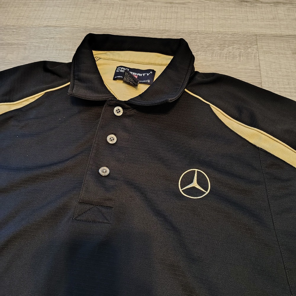 Pro Celebrity Mercedes Benz Fleur de Lis Polo Shirt Mens Large Black Gold Golf